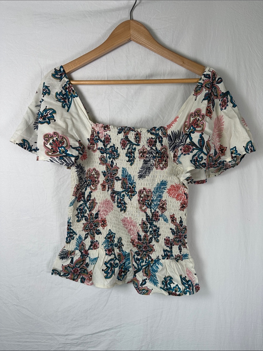 Jessica Simpson Floral Smocked Square Neck Top in Cream, Blue, Pink